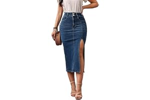 CANIBTR Women's Casual Slit Denim Midi Jean Skirt Stretch High Waisted Button Up Frayed with Pockets