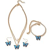 IXDEAXLY Butterfly Earrings Necklace Bracelets Set for Women Multicolor Butterfly Pendant Necklace Earrings Bracelets Gift for Women Girl Jewelry