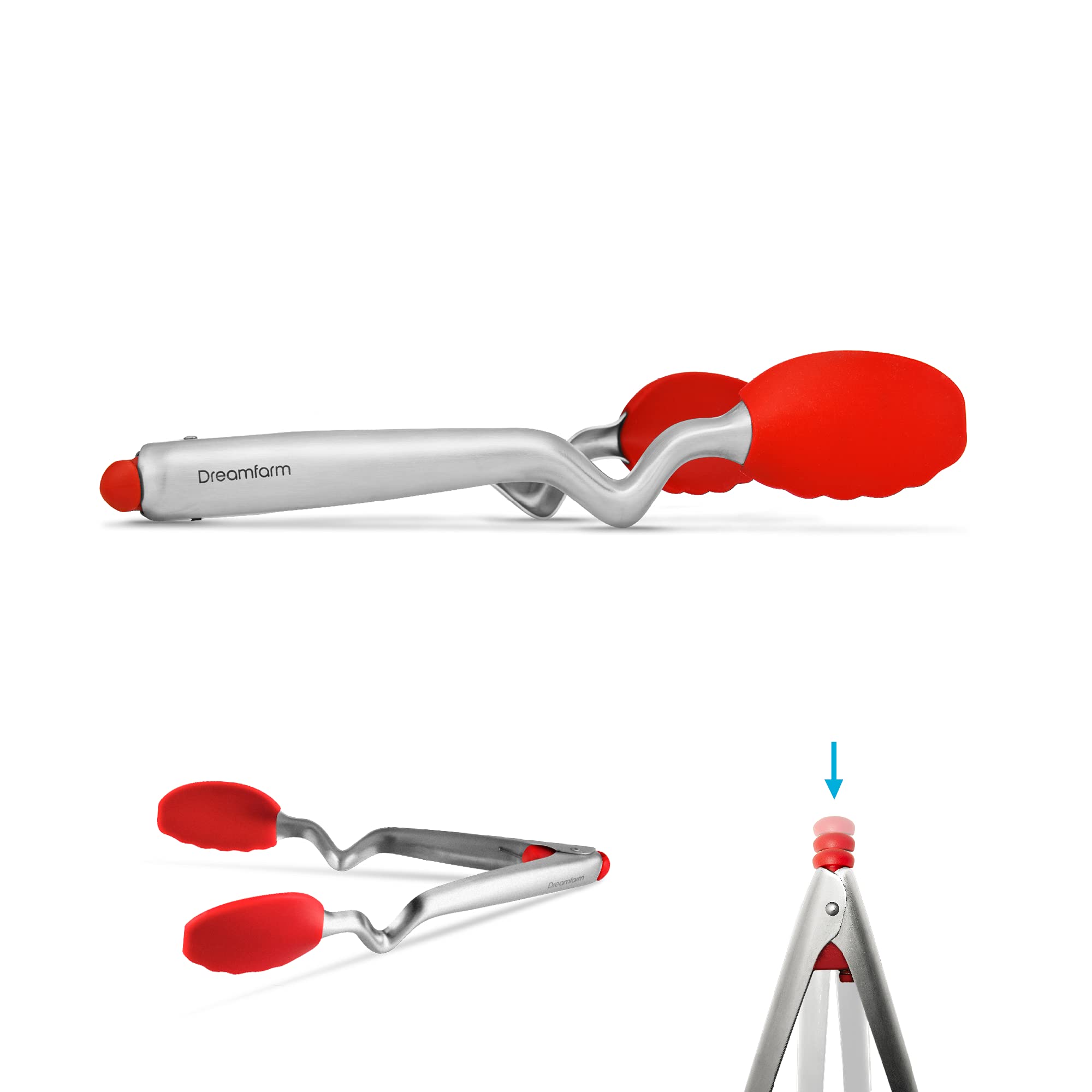 Dreamfarm Clongs | Non-Scratch, Stainless-Steel Click-Lock Sit Up Tongs with Silicone Heads | Red, 9 Inches