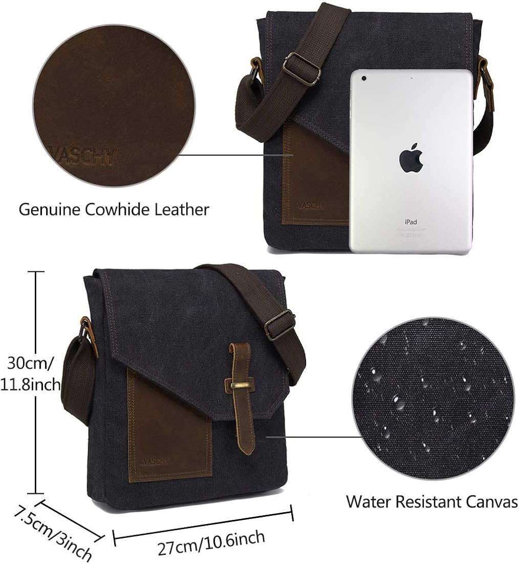 VASCHY Man Bag, Water Resistant Small Messenger Bag Shoulder Bag Vintage Canvas Leather Cross Body Bag with Multi-Pockets(Black) - Image 4