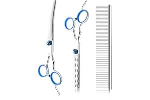 3-Piece Professional Dog Grooming Kit - Curved & Thinning Scissors with Silver Comb, Safety Round Tip Shears for Trimming Cat