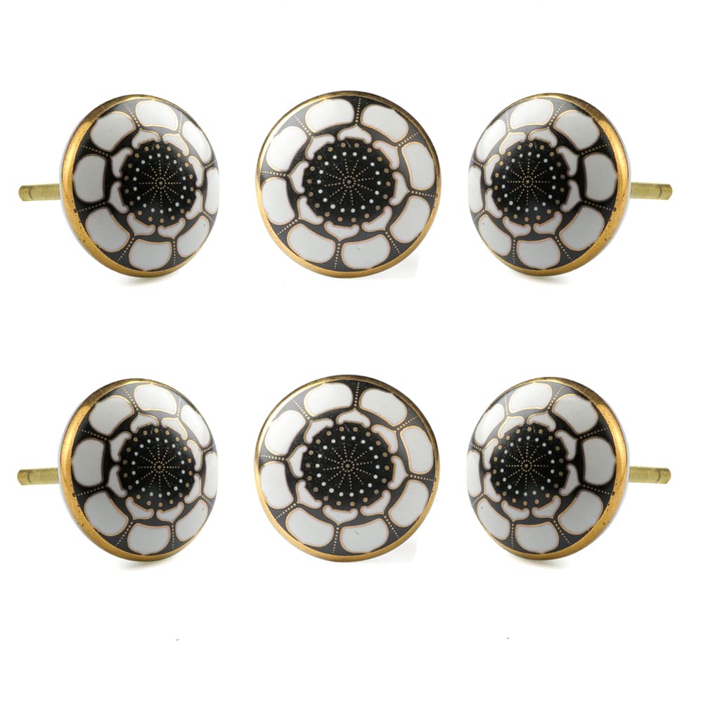 Perilla Home Set of 6 Ceramic Knobs Decorative Merigold Knobs for Home Kitchen Cabinet Hardware Cupboard Door Dresser Wardrobe and Drawer Pulls (Black)