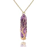 VIBILIA Healing Crystal Necklace Tree of Life Wire Wrapped Natural Stone Point Pendant Necklace Hexagonal Reiki Spiritual Quartz Gemstone Jewelry for Women Men