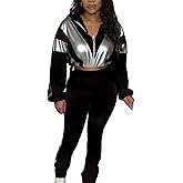 Kinivi Women 2 Piece Outfit Long Sleeve Zip Up Crop Jacket High Waist Stretchy Pants