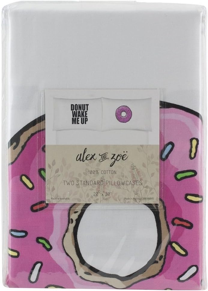 Alex and Zoe Donut Wake Me Up Set of 2 Two Standard Pillowcases - 100% Cotton 20" x 30"