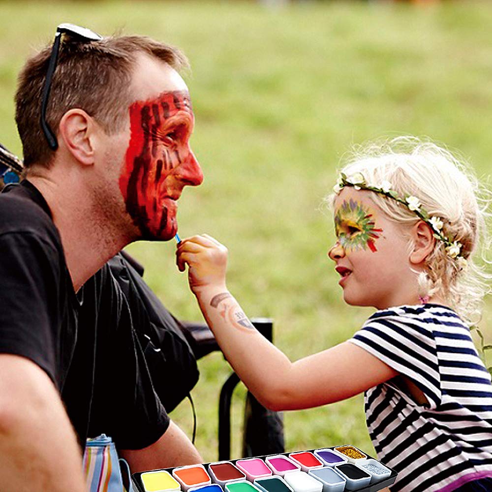 Mieutoy Face Paint Set - 16 Color Washable Eco-friendly Body Paint Make-up Oil Painting Palette Color Panels with 3 Brushes, 2 Stickers, Halloween Decorations for Adults & Kids Party