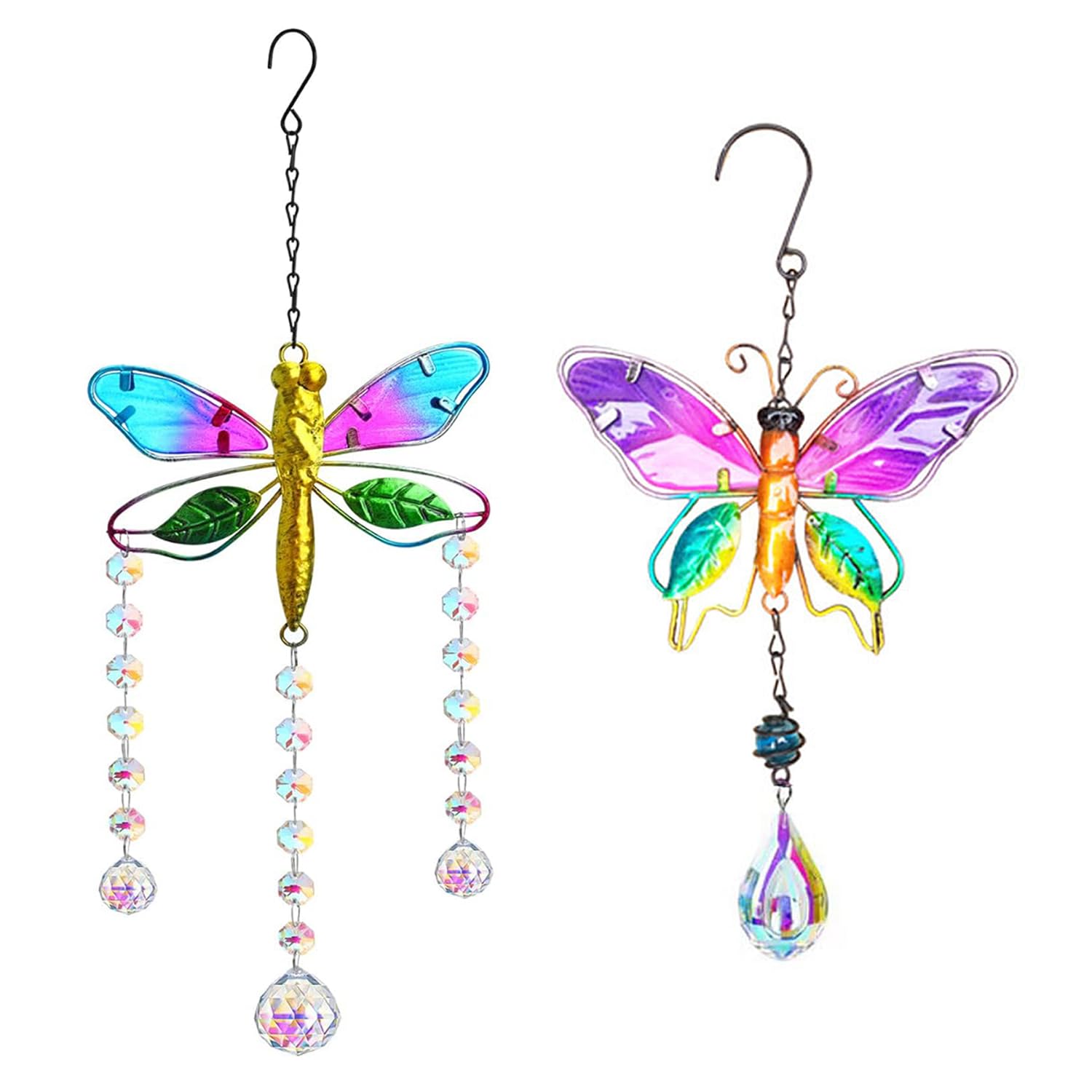 ARJDXDP Crystal Butterfly Rhinestones Suncatcher Window Hanging Ornament, 2PCS Stained Glass Butterfly Dragonfly Sun Catchers Window Garden Hanging Decoration Ornament, Rainbow Maker Home Decor