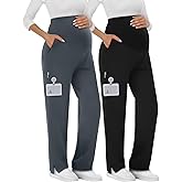 Sweetyweee 2 Pack Women's Maternity Scrubs Pants with 6 Pockets Pregnancy Workwear Stretchy Straight Leg Cargo Trousers
