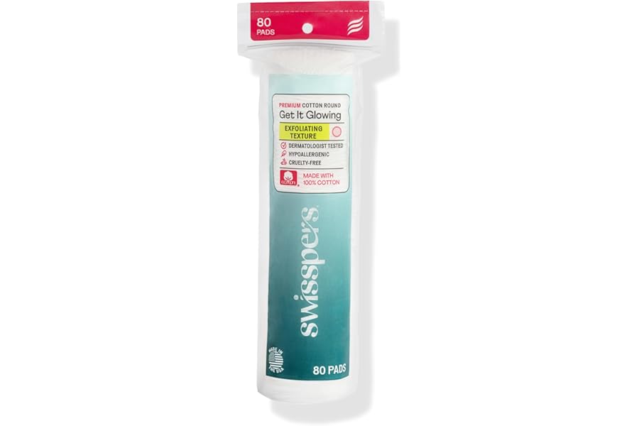 Swisspers Premium Exfoliating Rounds, 2 Distinct Raised Textured Surface, Cotton Facial Pads, 80 Count Re-closable Bag