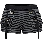 BEAUDRM Women's Y2k Striped Shorts Elastic Waist Low Rise Grunge Punk Mini Short Party Club Micro Short with Flap Pocket