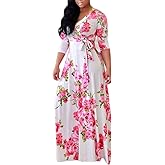Olens Women 3/4 Long Sleeve Wrap V Neck Floral Printed Long Maxi Dress Plus Size