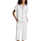 SIORO Capri Pajamas Set for Women, Button Down Sleepwear Short Sleeve Loungewear, Waffle Knit Top with Capri Pants Pjs White