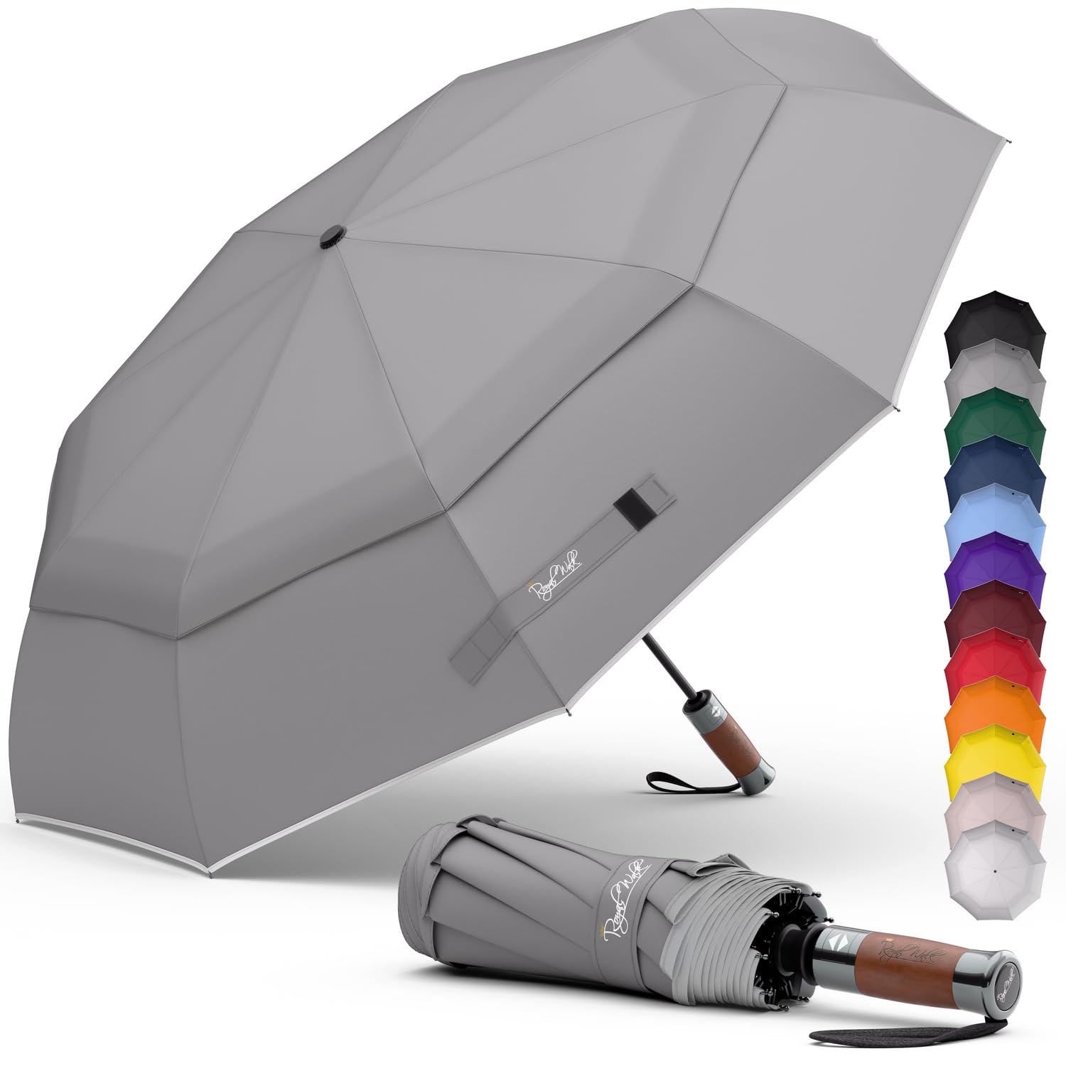 Royal Walk Windproof Folding Travel Umbrella Compact and Strong Luxurious Real Wood Handle Automatic Open Close Vented Double Canopy for Men and Women (Grey)