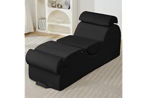 ijuicy Sleek Chaise Lounge Chair for Exercise/Yoga, Indoor Lounger with Headrest, Waist Cushion, Movable Footrest, Side Pockets, Non-Slip Bottom, High Density Sponge, Black