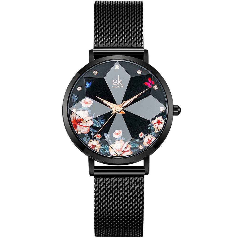 SHENGKE Creative Starry Sky Women Watch with Stainless Steel Mesh Band Genuine Leather Elegant Floral Women Watches(Flower-Mesh Band-Black)