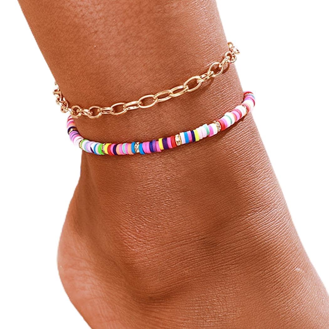 Handcess Boho Double Anklets Gold Beaded Ankle Bracelets Colorful Beads Foot Chains for Women and Girls