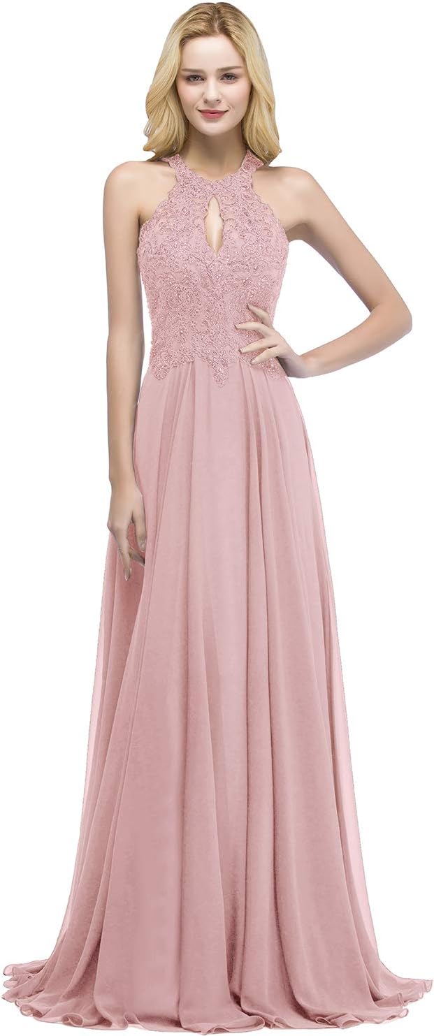MisShow Halter Beaded Floral Lace Long Formal Dress with Keyhole