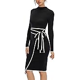 Long Sleeve Sweater Dress for Women Turtle Neck Bow Dresses for Women Bodycon Work Midi Dresses Old Money Fall Winter