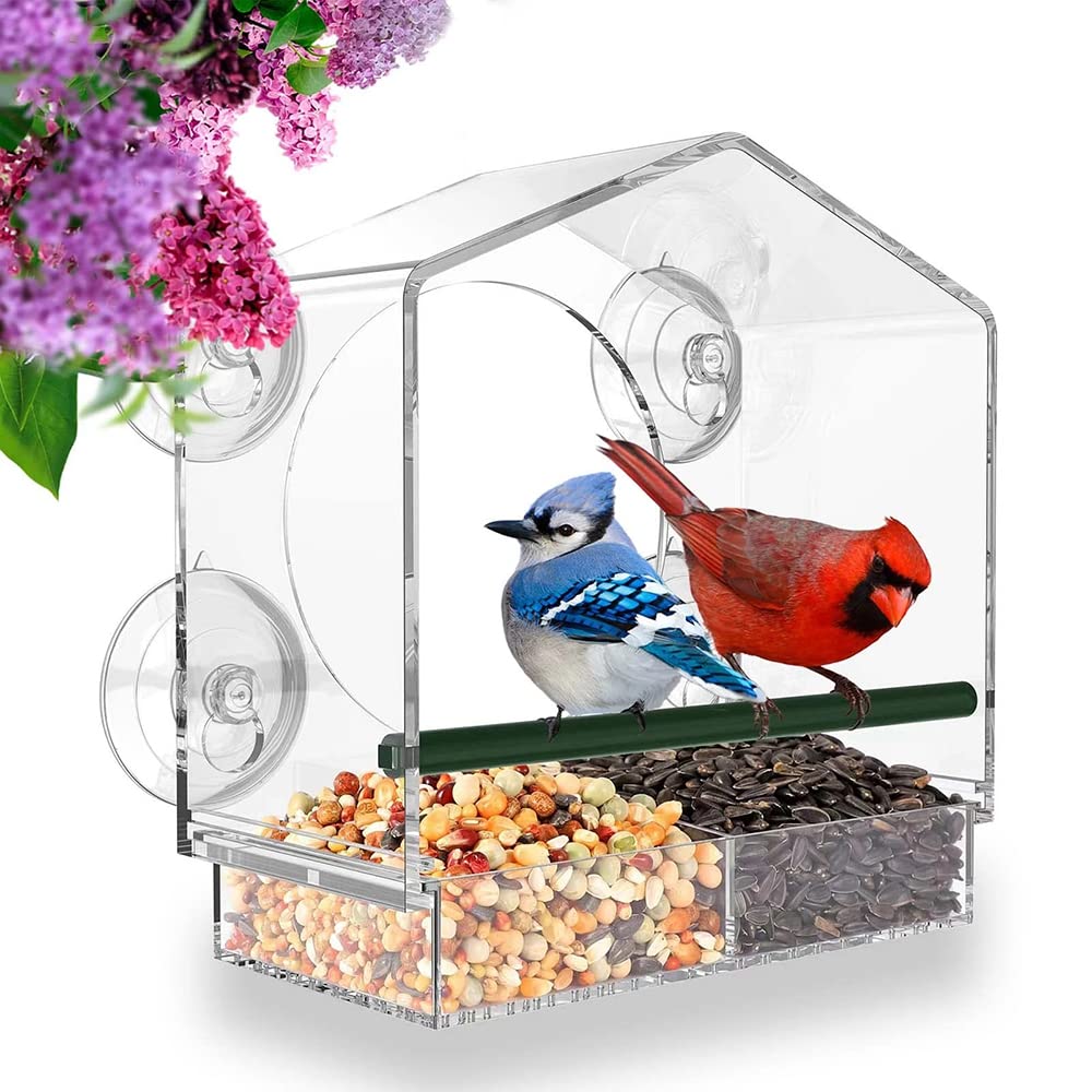 Window Bird Feeder, SUCCEASY 4 Extra Strong Suction Cups and Removable Seed Tray with Drainage Holes for Small Birds Wild Bird Seed Feeder