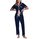 COLORFULLEAF Women's 100% Cotton Pajamas Set Button Down Sleepwear Short Sleeve Shirt and Long Pants Soft Ladies Lounge Sets