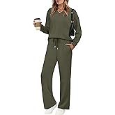 WIHOLL Lounge Sets for Women 2026 V Neck 2 Piece Outfits Airport Wide Leg Pants Matching Set Sweatsuits