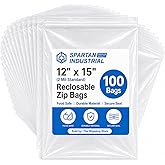 Spartan Industrial - 12" X 15" (100 Count) 2 Mil Clear Reclosable Zip Plastic Poly Bags with Resealable Lock Seal Zipper