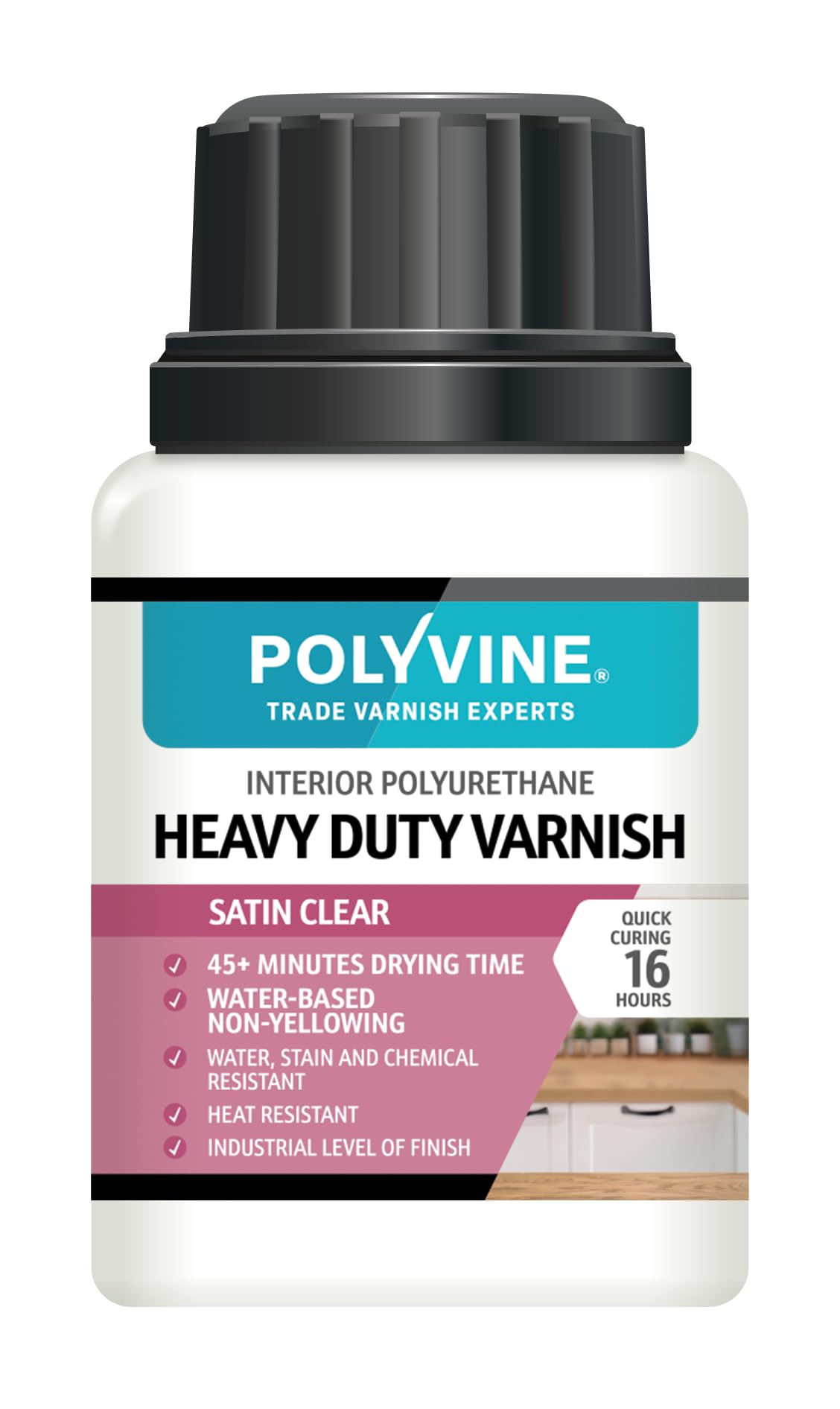 Polyvine Heavy Duty Interior Varnish Satin or Dead Flat Finishes – Quick Dry Varnish – Polyurethane, Water-Based, Water Resistant Coating for Indoor Woodwork, Painted Surfaces & More, Satin 100ml