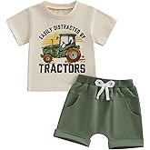 Toddler Baby Boy Clothes Summer Short Sleeve Trucks Tractors Print T-Shirt Tops Solid Color Shorts Set Casual Outfit