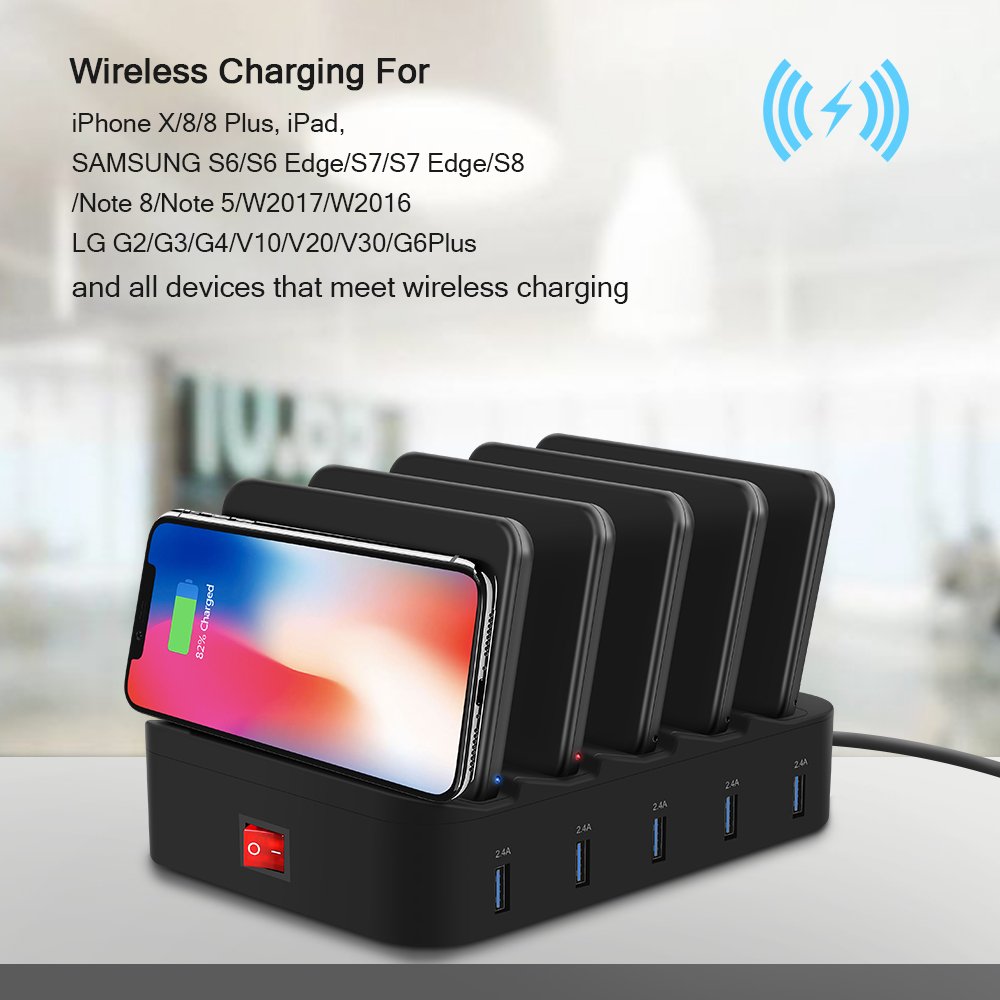 Multiple Port Charging Station, Cell Phone Wireless Charging Pad & USB Charging 5 Ports Dock 2.4A for Smartphones KindleTablets Removeable Baffles Fast Charge Organizer with Indicator (2 Wireless Pad)