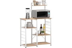 SDHYL Coffee Bar, 35 inch Bakers Rack Microwave Stand with 5 Storage Shelves and Hooks, Kitchen Shelves Organizers Racks, Microwave Table Coffee Station Table for Home Kitchen Bathroom, Maple