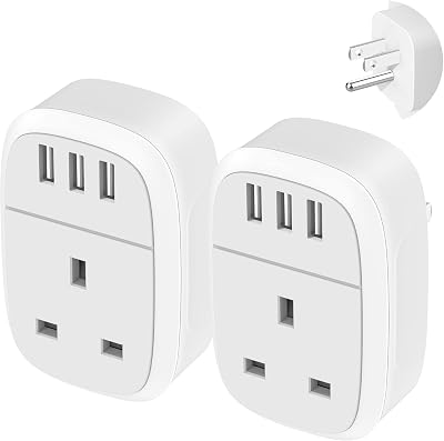 Iroussa UK to US Adaptor Plug 2 Pack 4 in 1 with 3 USB Ports Type B