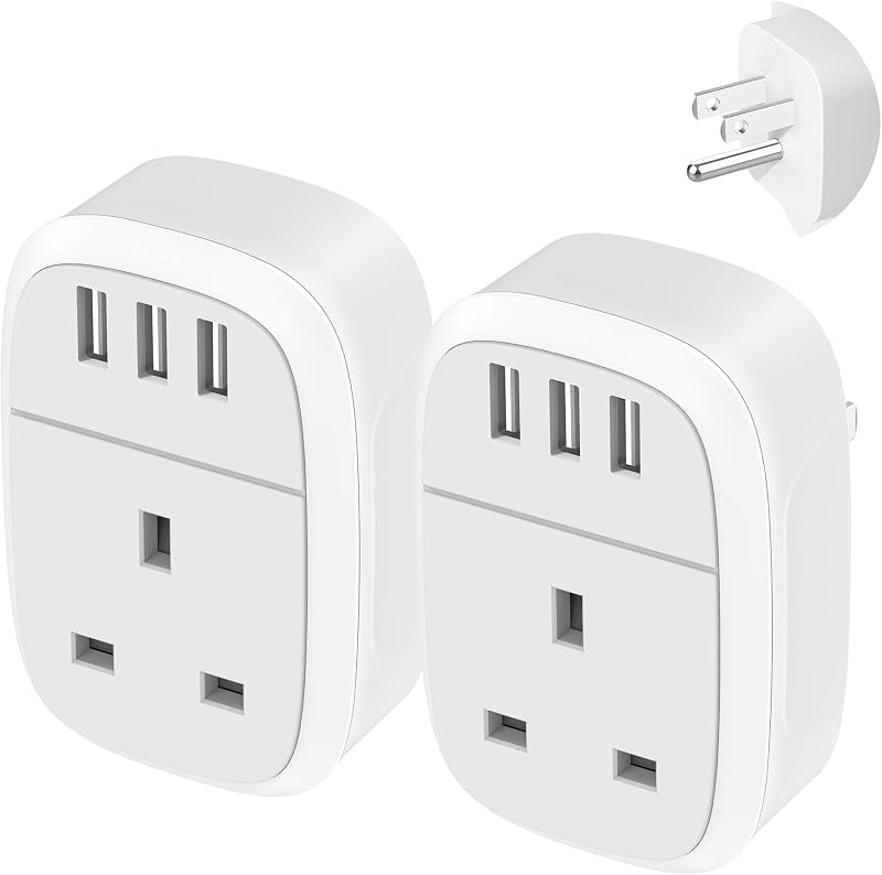 Iroussa UK to US Adaptor Plug 2 Pack 4 in 1 with 3 USB Ports Type B