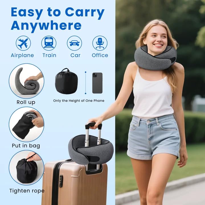 Aeroplane Neck Pillow, Support Neck Travel Pillow, Includes Storage Bag, Eye Mask, Ear Plugs, Removable Cover, Travel Pillow for Plane, Train, Car & Business Trips, Large, Dark Grey