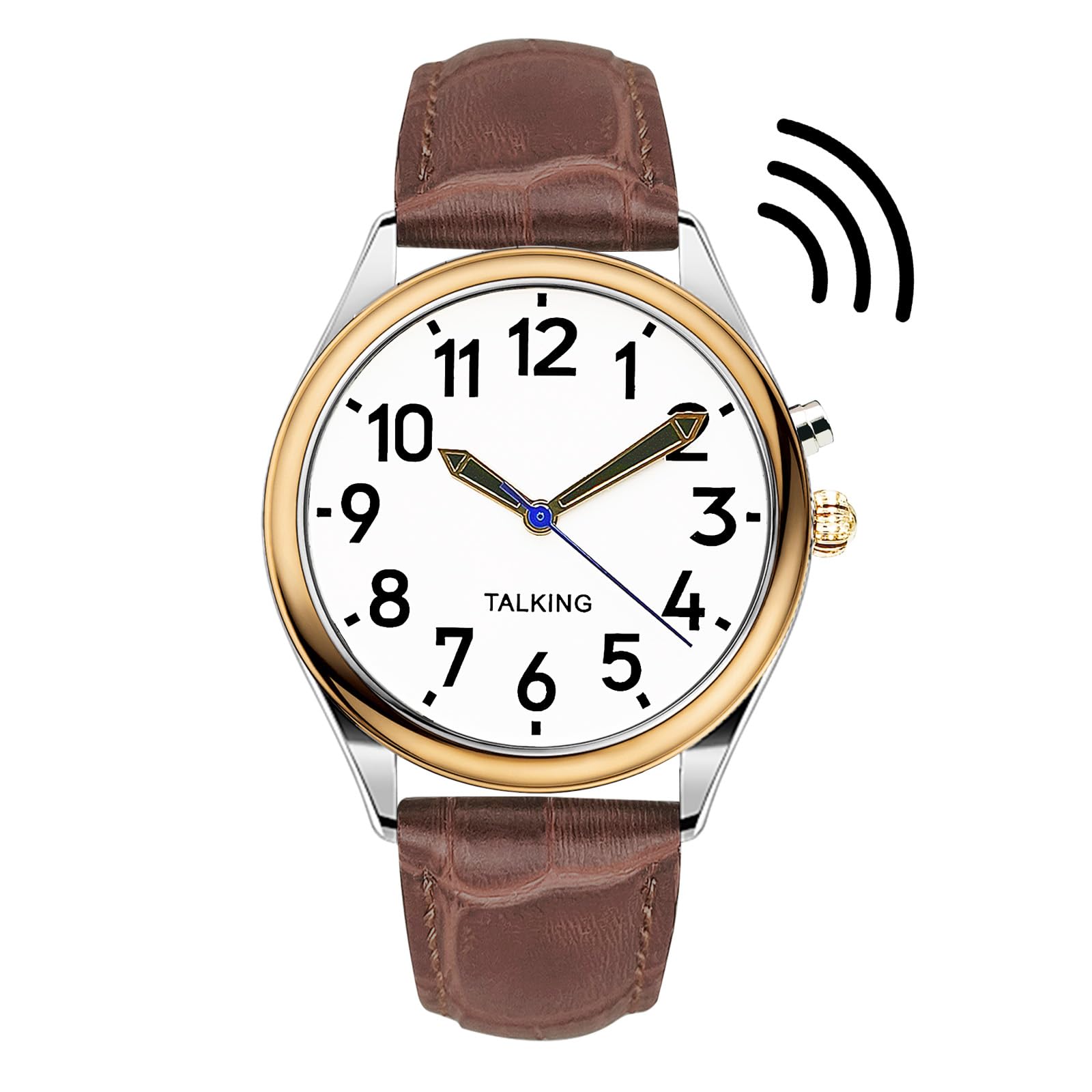 MAUJOY Men's English Talking Watch(Brown Leather Watch Band) Large Display & Loud Sound, Announces Time, Date & Alarm, Ideal for Elderly, Visually Impaired or Blind Users