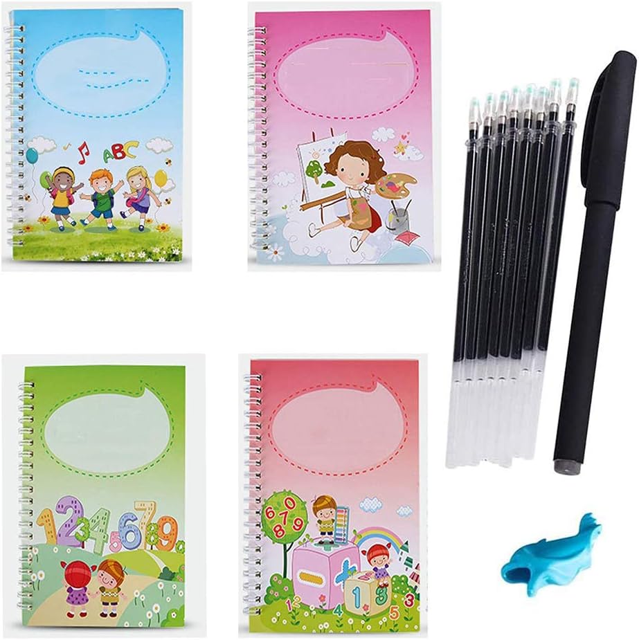 Childrens Handwriting Copybook,Reusable Kid Magic Calligraphy Copybook Set with Pen and Pen Holder,for Kid Calligraphic Letter Writing.(4 Pcs)