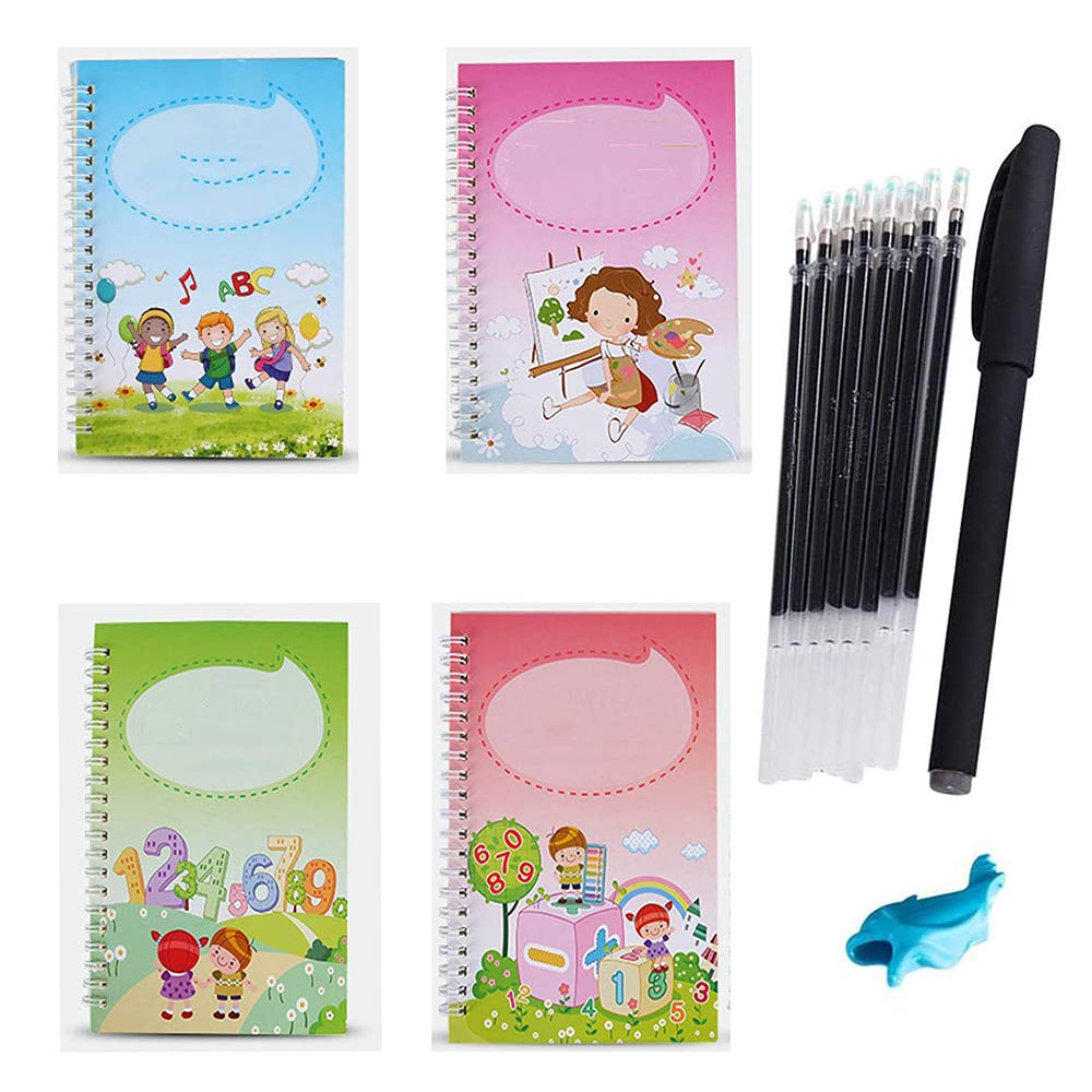Childrens Handwriting Copybook,Reusable Kid Magic Calligraphy Copybook Set with Pen and Pen Holder,for Kid Calligraphic Letter Writing.(4 Pcs)
