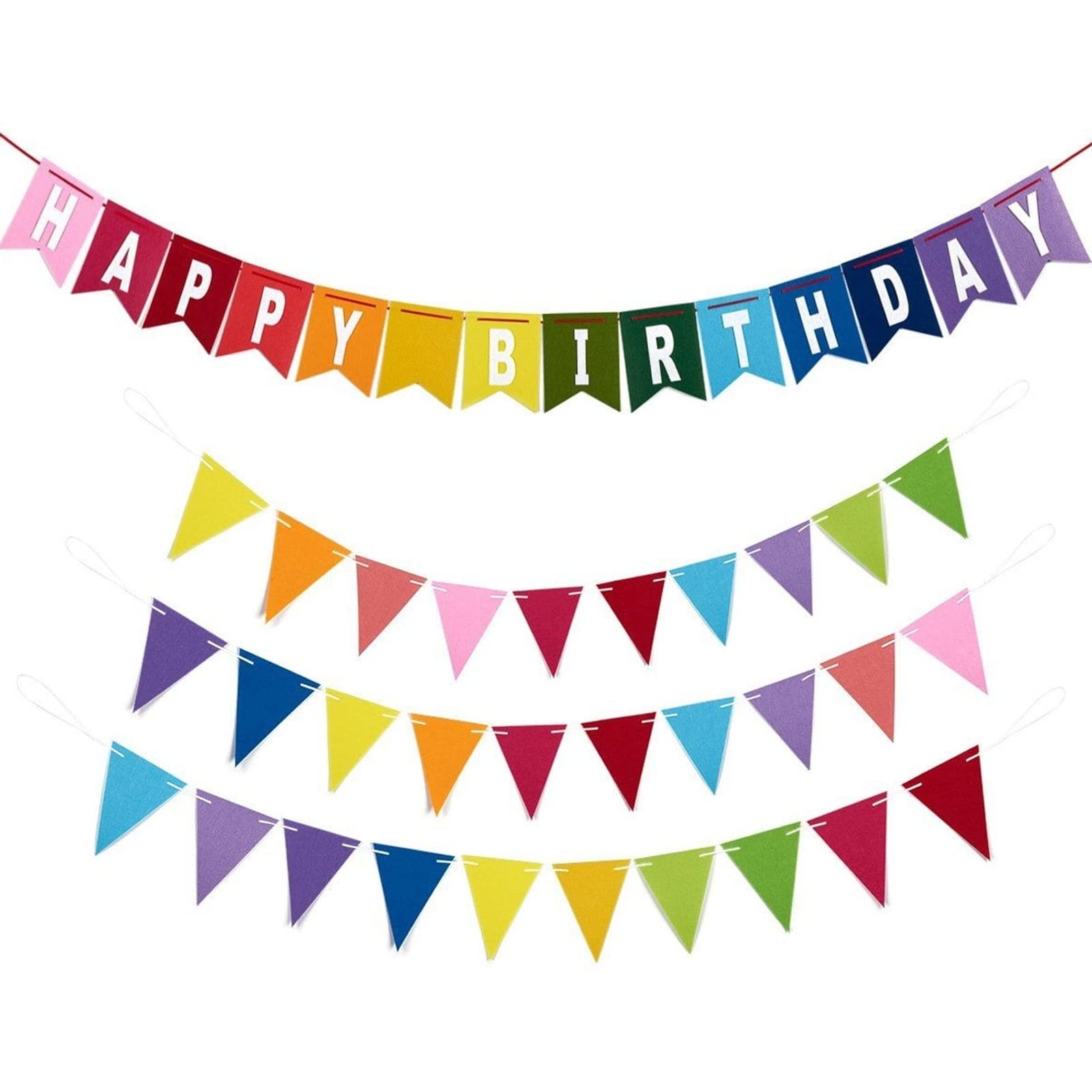 BLUE PANDA Happy Birthday Banners - 4-Piece Set - Includes 1 Felt Birthday Banner 3 Felt Pennant Banners - Suitable Boys, Girls, Adults - Rainbow Birthday Decoration