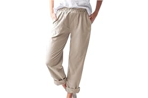 Uillui Pants for Women Casual Comfortable Straight Pants Cotton Linen Elastic Waist Slacks Trousers Loose Fit Wide Leg Pants