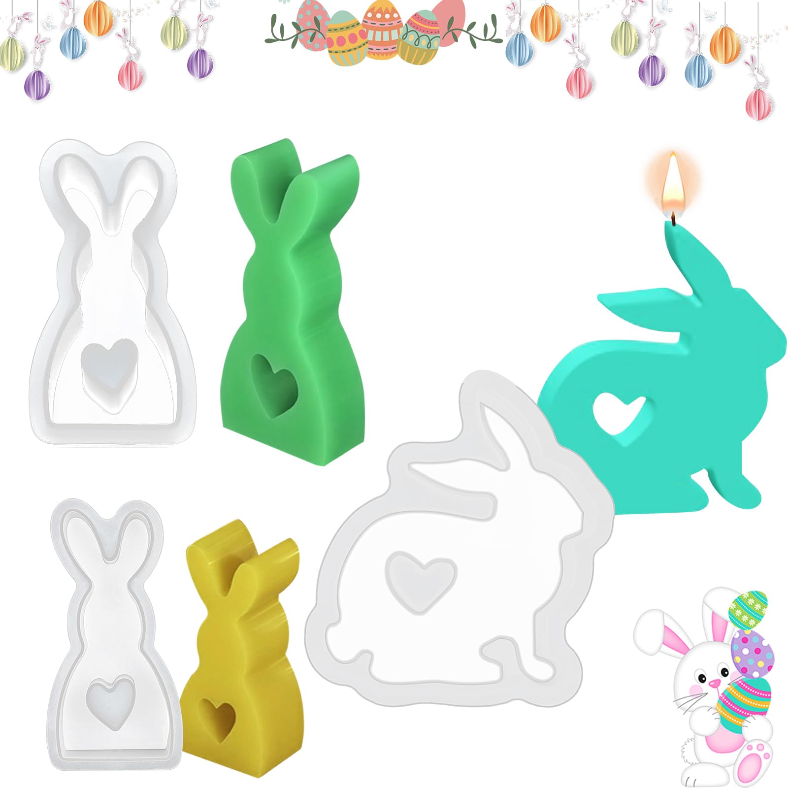 Yijiuba 3 Silicone Moulds Casting Moulds, Silicone Mould Easter, Silicone Rabbit, Plaster Moulds for Casting, Silicone Mould Candle Holder, Candle Holder Taper Candle for Soy Wax Candles, Soap,