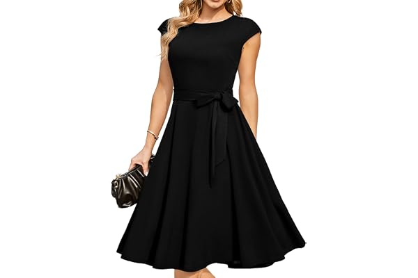 DRESSTELLS Women's Cocktail Dresses, Formal Wedding Guest Church Dress | A-line, Mid Calf, Detachable Belt, Vintage Tea Party