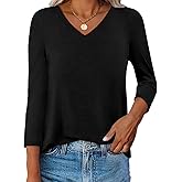 Ovanviso Womens V Neck 3/4 Sleeve T Shirts Casual Curved Hem Tunic Tops Basic Loose Fit Tees Fall Outfits