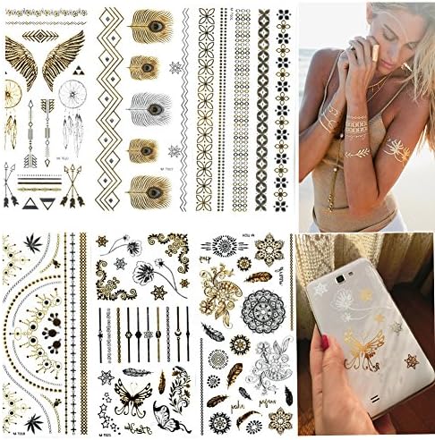 Premium Metallic Tattoos- 6 Sheets Temporary Tattoos for Girls 100+ Fake Tattoos, Beautiful Stickers for Body and Cellphones