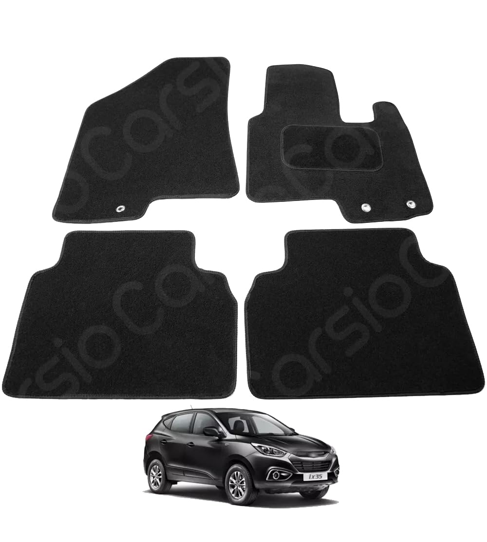 Carsio Carpet Car Mats For Hyundai IX35 2010 to 2016 4 Piece Set with 3 Clips Tailored Fit Floor Mat Complete Accessory Black Custom Fitted - All Weather, Anti-Slip Backing & Black Trim