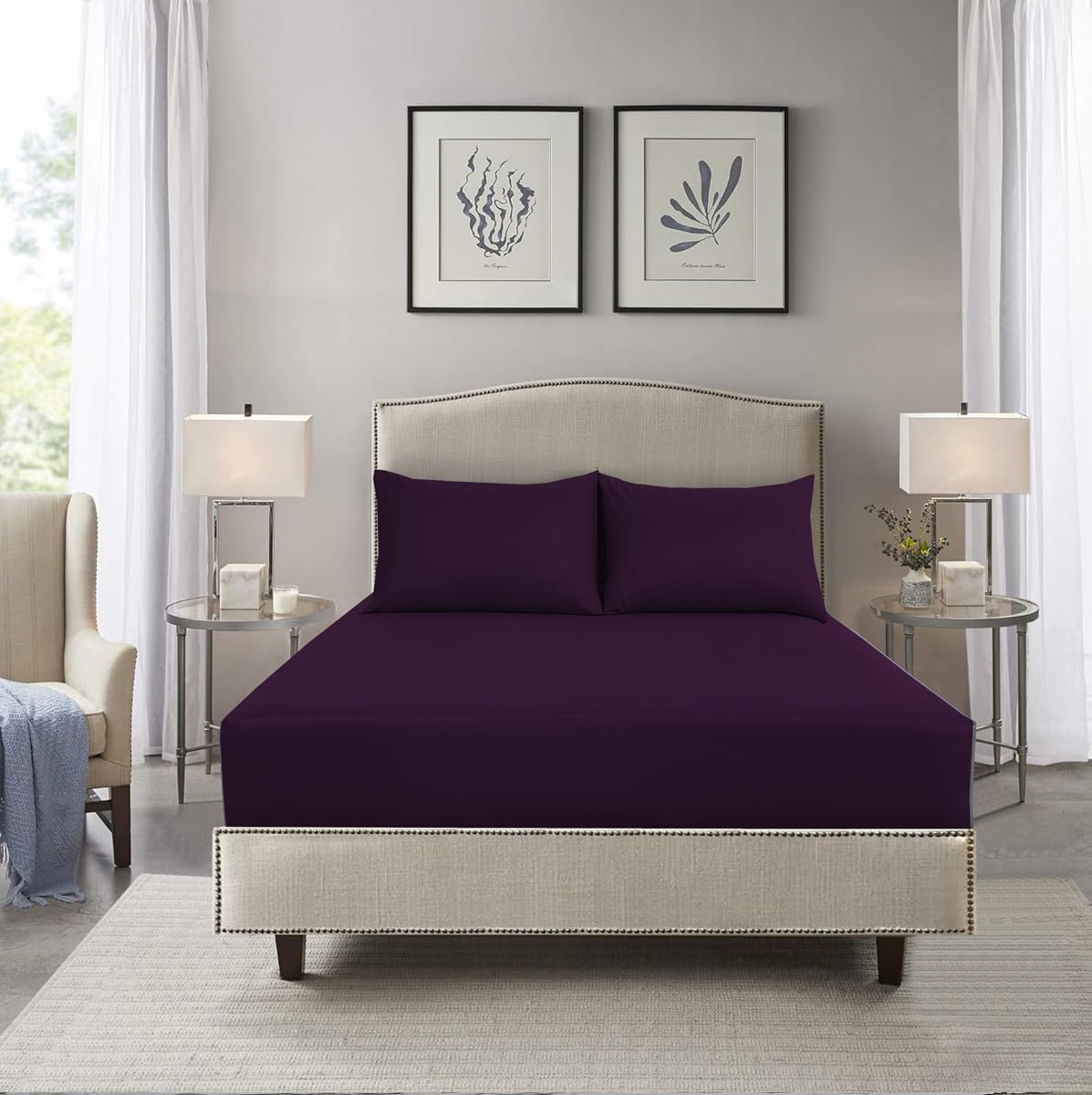 HADI LONDON Microfibre Fitted Sheet Single Double King and Super King - 16 inch (40 cm) Extra Deep Pocket Soft Plain Dyed Brushed Shrinkage and Fade Resistant Bed Sheet (Purple, King)