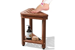 MISSEND Shower Foot Rest 15 in, Acacia Shower Stool for Shaving Legs,Corner Bath Shower Bench with Starage Shelf for Inside S