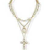 FAUTHENTICUTE Cross Necklace for Women Layered Pearl and Cable Chain With A Cross Pendant Christian Necklace Jewelry Gift