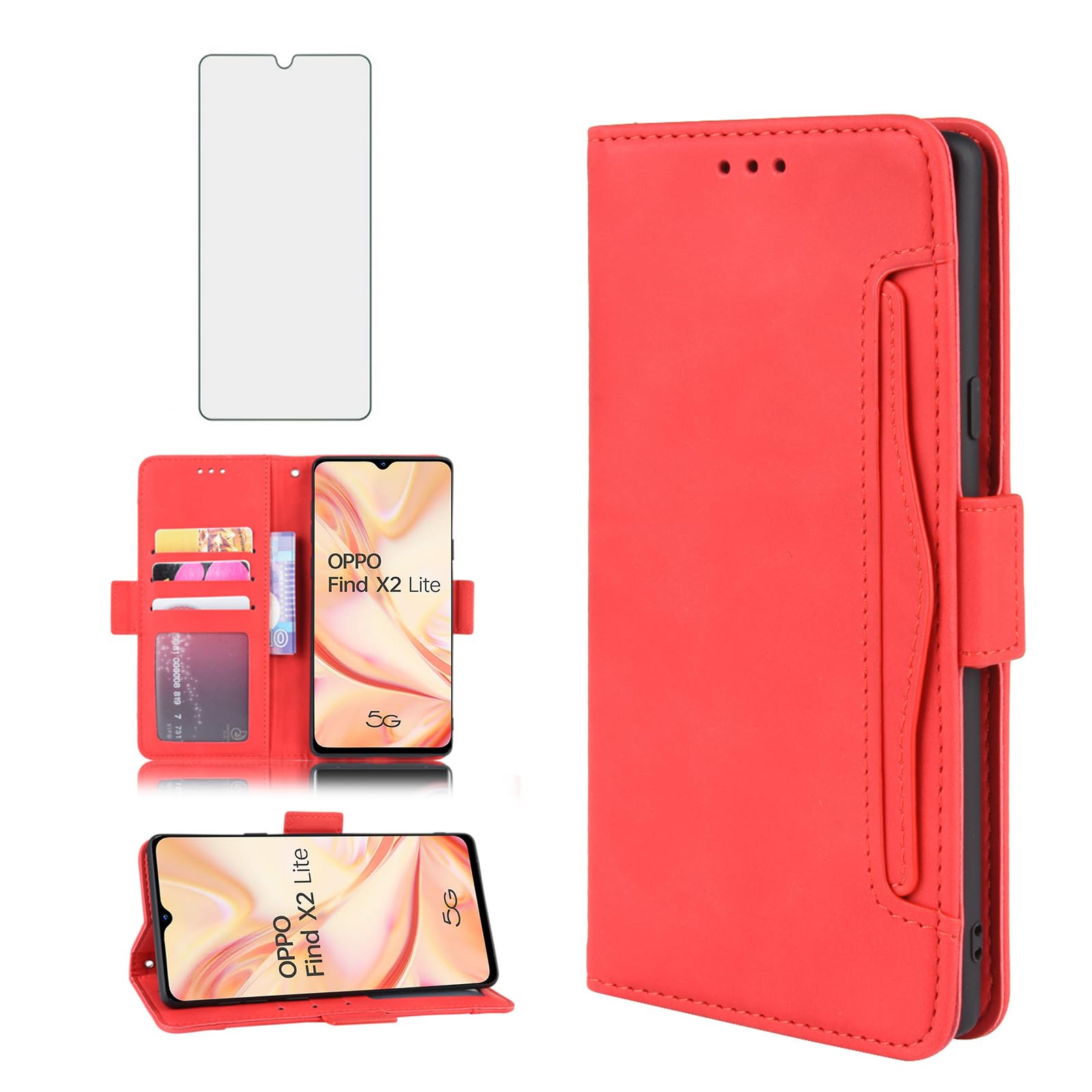 Asuwish Compatible with OPPO Find X2 Lite Wallet Case and Tempered Glass Screen Protector Card Holder Stand Leather Flip Cell Accessories Phone Cover for FindX2 X2Lite X 2 Women Men Red
