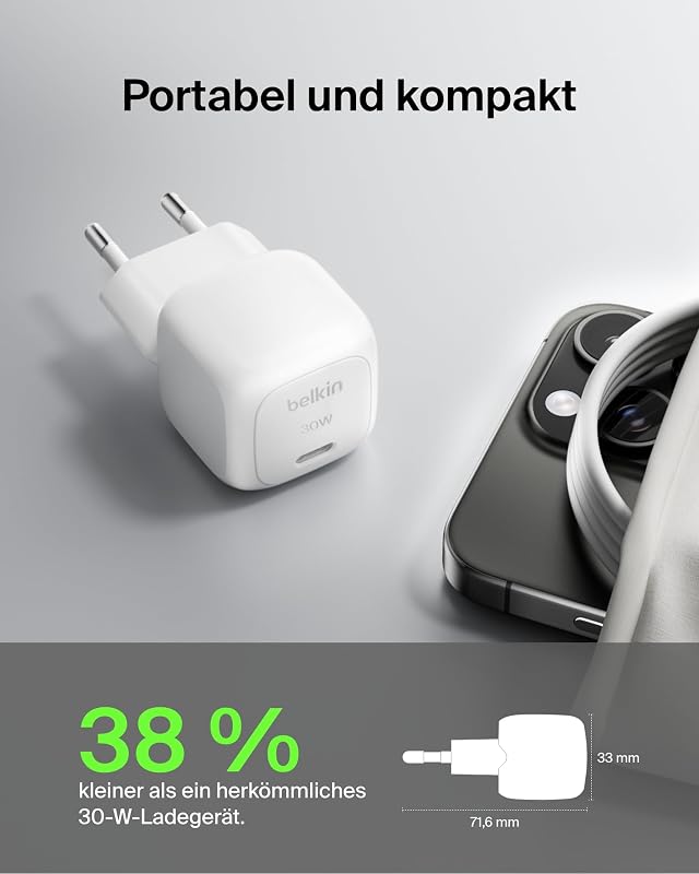 BoostCharge kompaktes Ladegerät, 30 W, für Reisen, USB-C Power Delivery zum Schnellladen für die Apple iPhone Serie 16. 15, 14, 13, 12, Samsung Galaxy S24, S23, iPad, AirPods, Tablets – Weiß