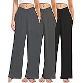 Kivdol 3 Pack Women's Wide Leg Pants Crossover with Pockets High Waist Loose Sweatpants Casual Lounge Yoga Workout Palazzo