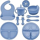 Munlinder Silicone Baby Feeding Set | Baby Led Weaning Supplies Includes Suction Bowls and Divided Plates, Adjustable Bib, Baby Utensils Spoons and Forks,Cup | Baby Feeding Essentials (Deep Blue)